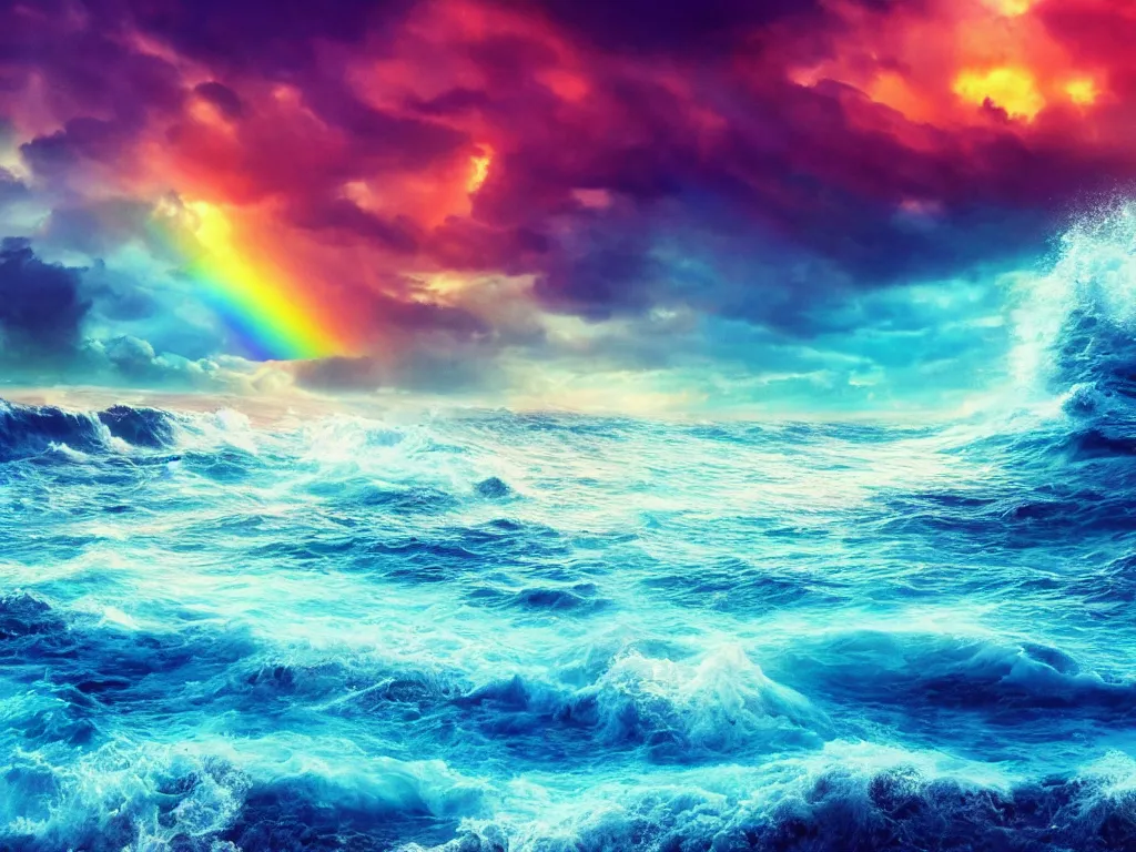 Prompt: Stunning dreamy rainbow colored stormy waves on beach full of blue sand and crystal gems, avatar, sunny rainbow galaxy stormy sea, cinematic, sunset, hyper-realistic, high resolution, concept art, artstation