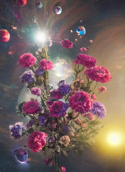 Prompt: An epic fantastic realism comic book style painting of the most beautiful flowers launched into space, perfect shiny silver iridescent spheres, bouquets, fisheye lens, unreal 5, DAZ, hyperrealistic, octane render, dynamic lighting