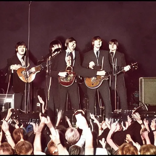 Image similar to the beatles playing a concert on jupiter to a crowd of aliens. photograph 8 k cinematic colored