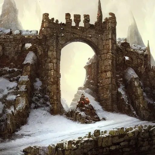 Prompt: A medieval castle on a cliff in the snow, 2 big stone statues at the entrance of the castle, fantasy, highly detailed, digital painting, artstation, concept art, illustration, art by Greg Rutkowski and Marc Simonetti