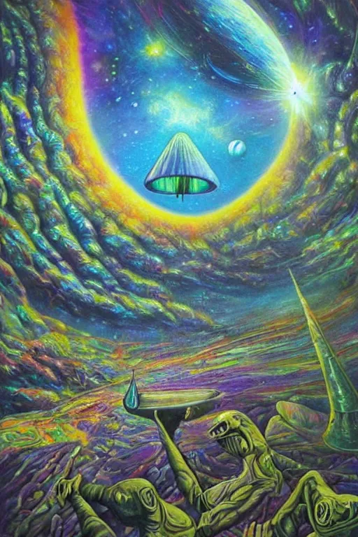 Prompt: a very high hyperdetailed ultrarealistic painting of 👽💻🌌 psychedelic ufo surreal magic realism spiritual art