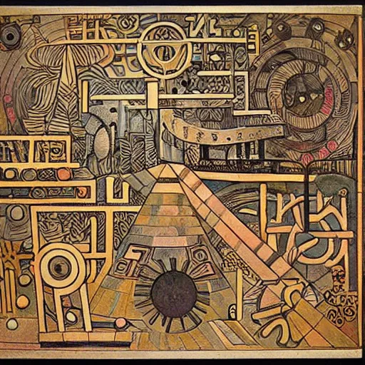 Prompt: maze labyrinth steampunk by albert gleizes and by hilma klint