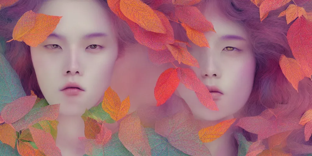 Image similar to breathtaking detailed pattern pastel colors of an ethereal ginger beauty morphing into autumn leaves, by hsiao - ron cheng, bizarre compositions, exquisite detail, 8 k