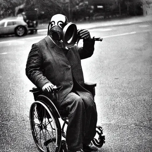 Image similar to gas mask guy in a wheelchair, realistic, old photograph