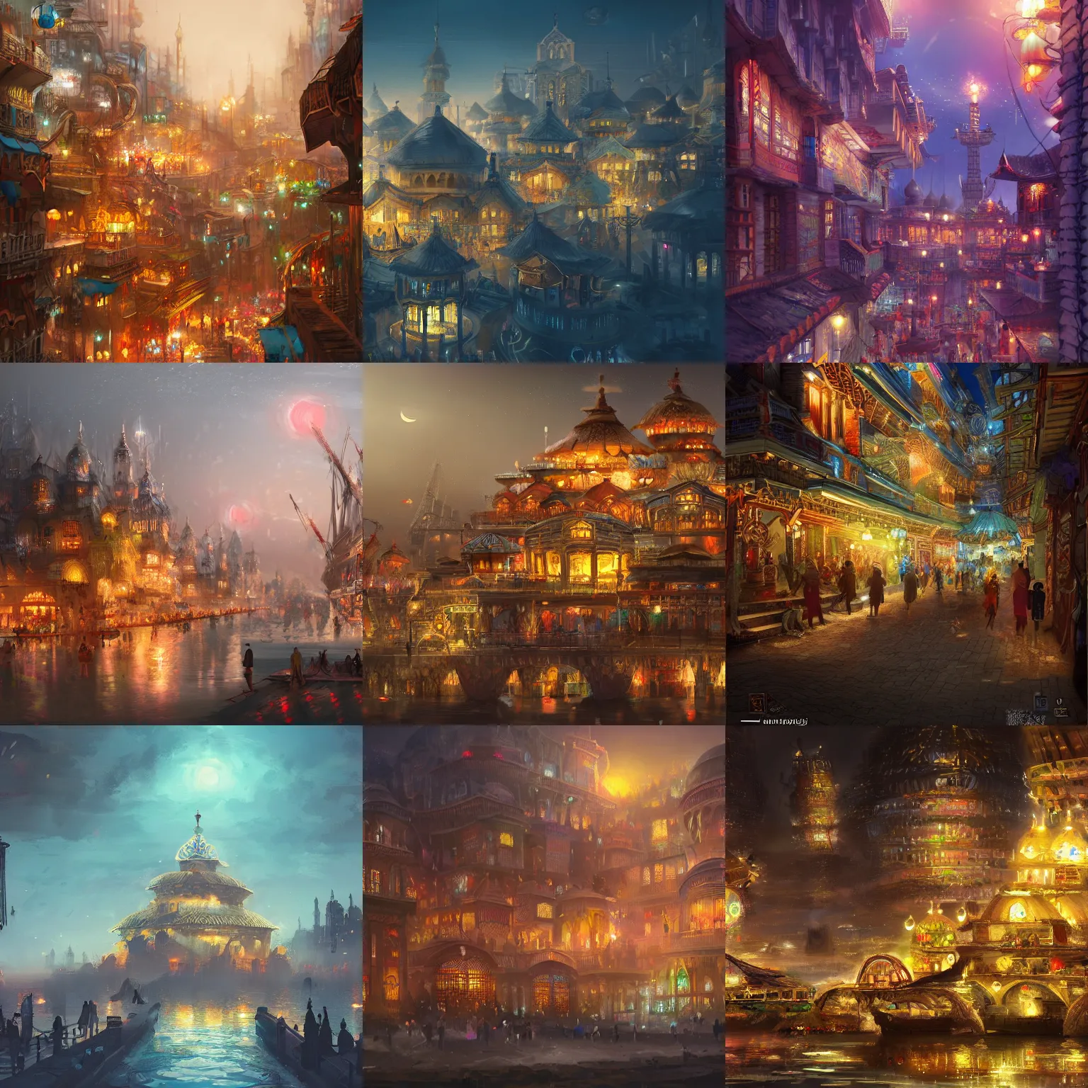 Image similar to Amagical eastern civilization at night, built around ocean, full with people, a lot of lights, multi layered huge architectures. Trending on artstation