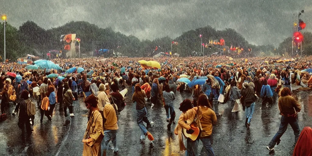 Image similar to magnificent picture of 1969 Woodstock, CCR playing in the rain, Hippie, high detail, digital art, artstation, smooth, sharp