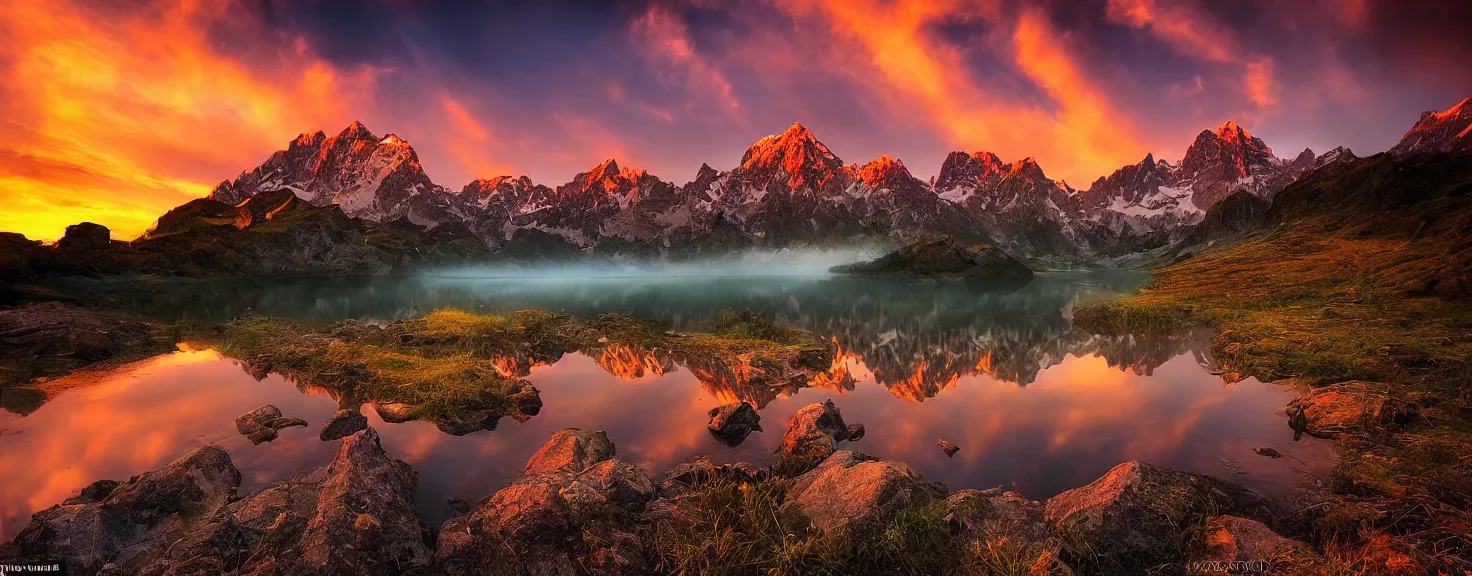 Image similar to amazing landscape photo of mountains with lake in sunset by marc adamus, beautiful dramatic lighting