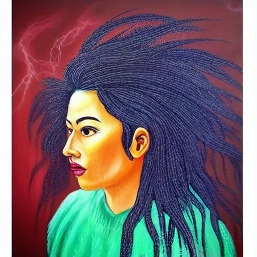 Image similar to “sango God of thunder plaited hair lightning oil painting”