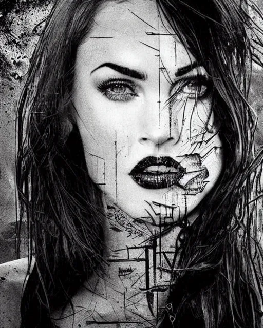 Image similar to megan fox face mash up with beautiful mountains, in the style of dan mountford, tattoo sketch, double exposure, hyper realistic, amazing detail, black and white
