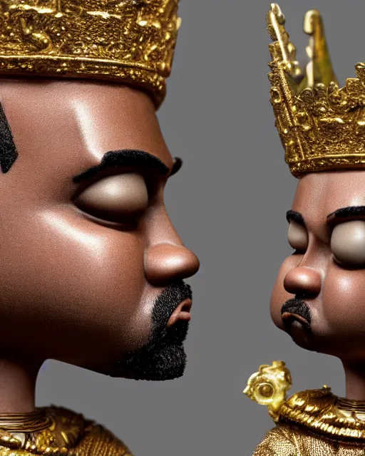 Image similar to highly detailed closeup, face profile portrait of a tin toy kanye west as a fairytale king wearing a crown and sitting on a throne, robes, depth of field, nicoletta ceccoli, mark ryden, lostfish, max fleischer, breathtaking, detailed and intricate environment, 8 k resolution, hyperrealistic, octane render