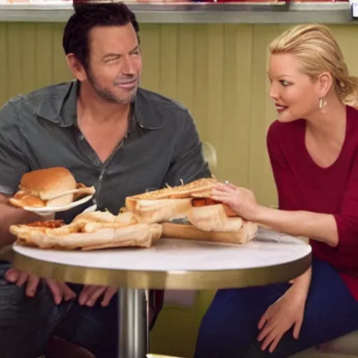 Image similar to catherine heigl and tenth is khan eating sandwiches at a diner, ultrarealistic, photorealistic, 8 k, ultra hd