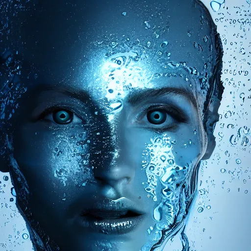 Prompt: water artwork manipulation in the shape of a human head, on the ocean water, futuristic style, hyper realistic, ray tracing, realistic water, sharp focus, long shot, 8 k resolution, cinematic, photoshop water art
