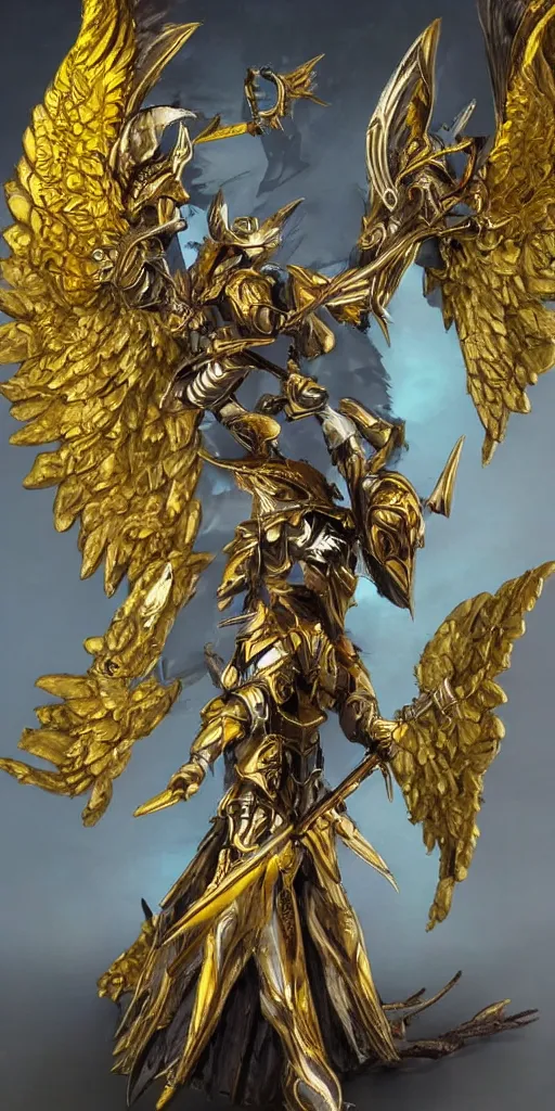 Image similar to fantasy angel warrior in armor with bright gold wings, epic flying pose, art, paint, fine details