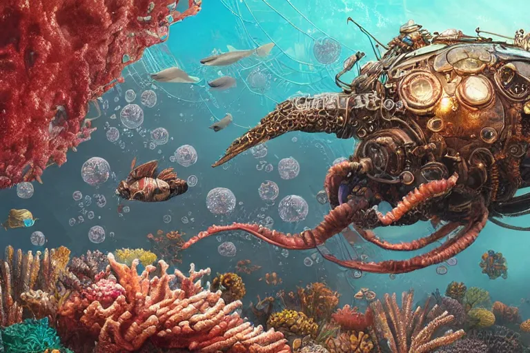 Image similar to beautiful painting of a huge caretta wearing a steampunk armour of in vast ocean coral reef, water bubbles, intricate details, jewel fishes, two magnificent jelly fish, realistic shaded , steampunk, highly detailed, artstation, illustration Greg Rutkowski , octane render, 4k, dynamic light, volumetric light, neon lights, cinematic mood