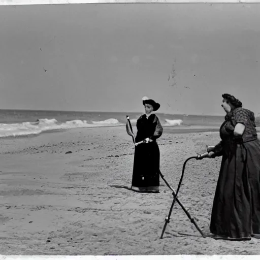 Image similar to an edwardian woman using a metal detector on the beach, black and white photograph