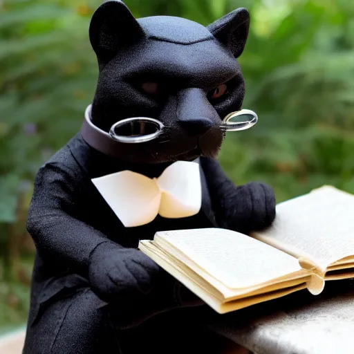 Image similar to a black panther wearing a monocle and reading a journal