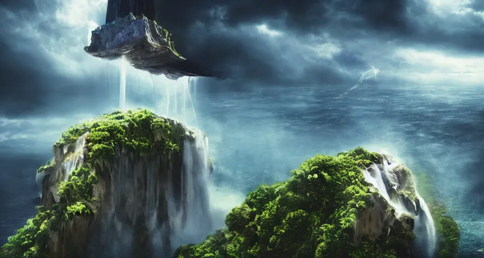 Image similar to A magnificent floating island in the sky above the sea, defying gravity, waterfall falling down, epic lighting, epic composition, cinematic, highly detailed, 4k