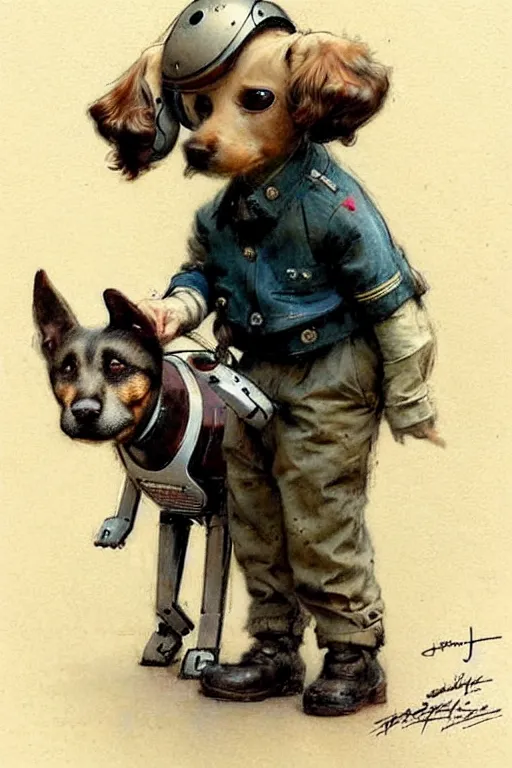 Image similar to (((((1950s boy and his robot box shaped k9 dog. muted colors.))))) by Jean-Baptiste Monge !!!!!!!!!!!!!!!!!!!!!!!!!!!