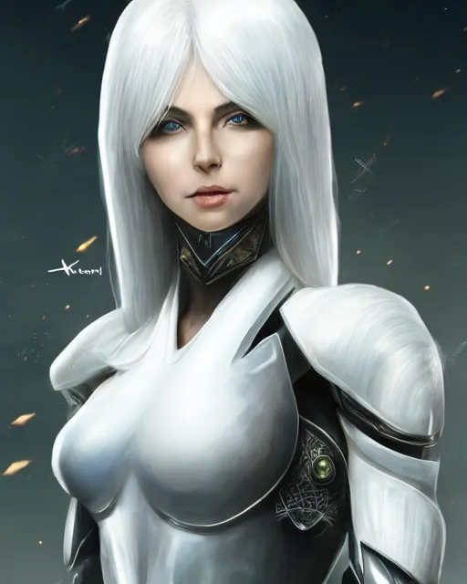 Image similar to perfect white haired attractive egyptian goddess, warframe armor, beautiful, symmetric, dreamy, half asian, pretty face, green eyes, charlize theron, detailed, scifi platform, laboratory, experiment, 4 k, ultra realistic, epic lighting, android body, illuminated, cinematic, masterpiece, art by akihito tsukushi, voidstar