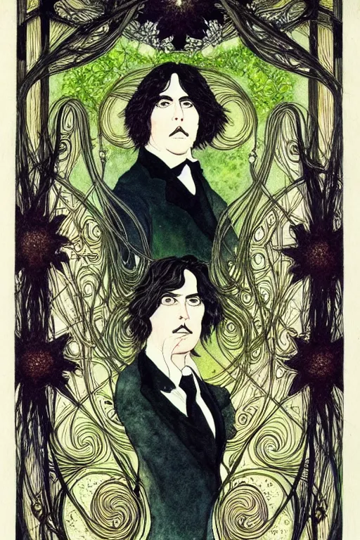 Prompt: realistic portrait of oscar wilde in the center of an ornate frame of dark flowers, detailed art by kay nielsen and walter crane, illustration style, watercolor