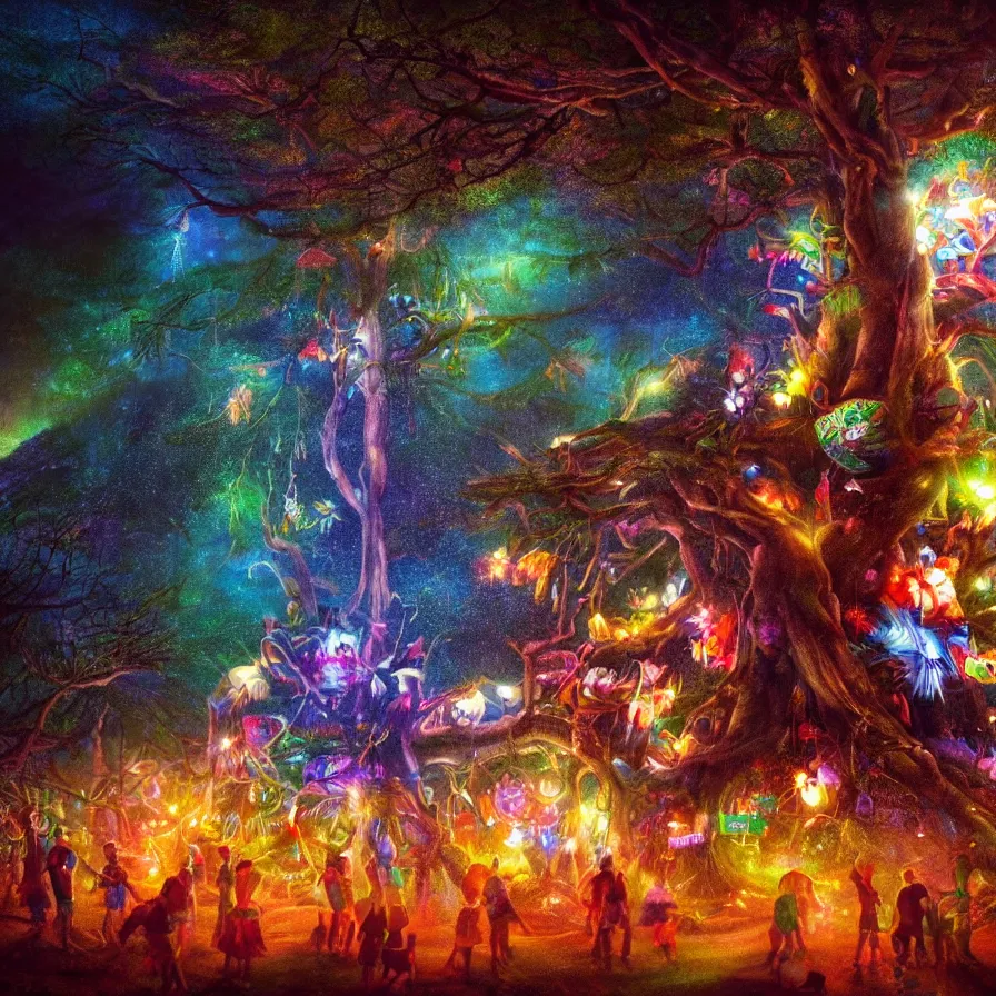 Image similar to closeup of a night carnival inside a tree cavity in a magical forest in the middle of a summer storm, with a music scenario with many fireworks and christmas lights, volumetric lightning, instense god rays in the sky, folklore people disguised with fantastic creatures in a magical forest by summer night, masterpiece painted by koson ohara, very coherent and colorful high contrast masterpiece,