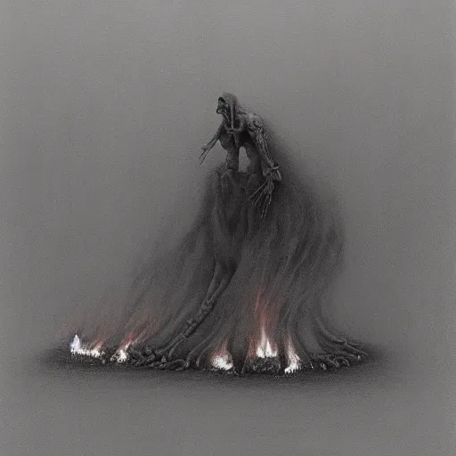 Image similar to grayscale art of skeletons on fire by Zdzislaw Beksinski