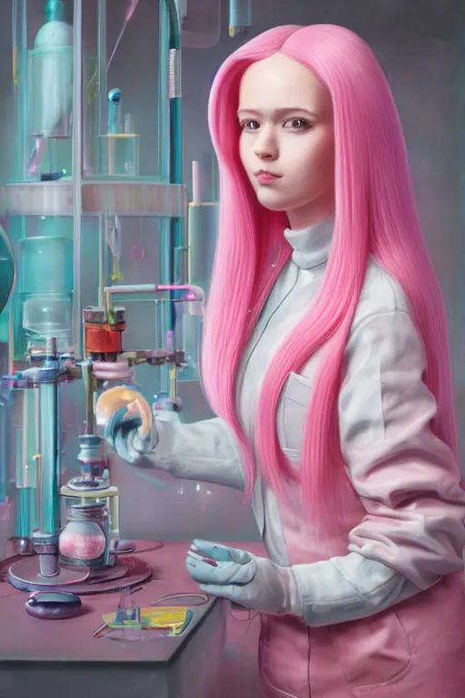 Prompt: highly detailed, industrial portrait of beautiful, cute, adult princess bubblegum from adventure time, experimenting in her science lab, wearing lab coat, bubblegum hair with long straight bangs, depth of field, illustration, concept art by nicoletta ceccoli, mark ryden, lostfish, detailed and intricate environment, 8 k resolution, hyperrealistic, octane render