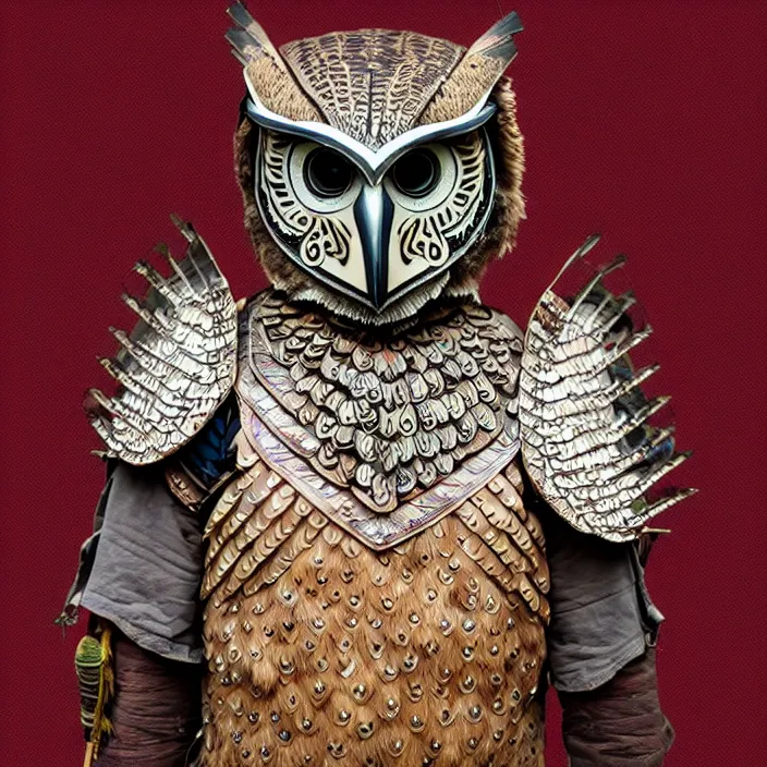 Image similar to photograph of a warrior with meal ornate owl armour. Extremely detailed. 8k