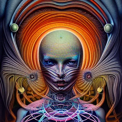 Image similar to Schwellenerfahrung in der Auflösung durch LSD, a intricate psychedelic painting, hyperdimensional, alex grey, HR Giger, peter mohrbacher