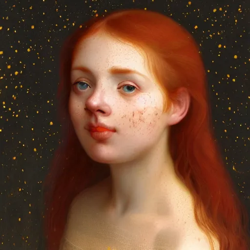 Image similar to portrait of a red haired girl, long hair, green eyes, hint of freckles, beautiful round face, soft amazed smiles, among golden fireflies, highly detailed, deep focus, elegant, digital painting, smooth, sharp focus, golden ratio, illustration, ultra realistic, 8 k, art by artemisia lomi gentileschi and elisabeth vigee le brun