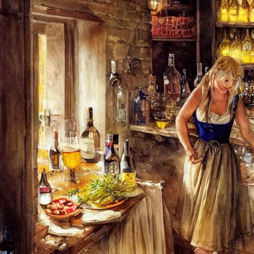 Image similar to hot blonde working in a wine cellar, food, pork, beer, schnapps, rustic, traditional, torches on the wall, watercolor by vladimir volegov and carl larsson