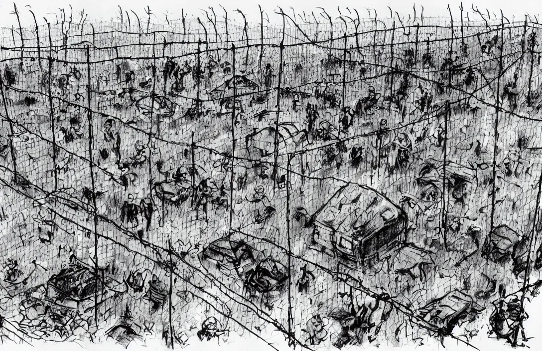 Image similar to milt kahl sketch of zombie apocalypse resistance camp with barbed wire fencing