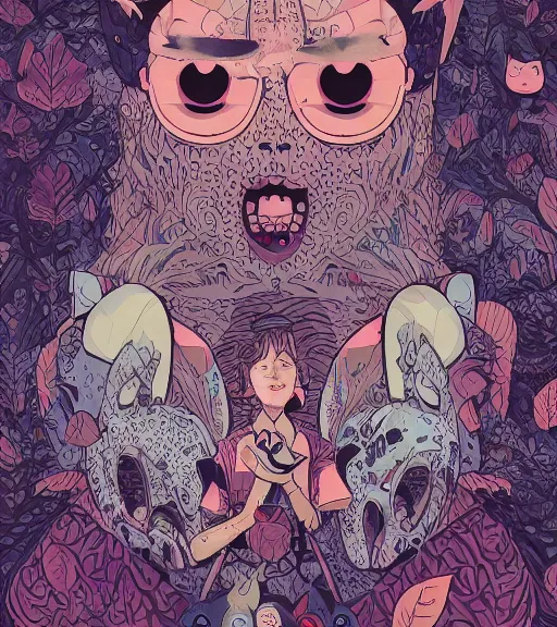 Prompt: portrait, nightmare anomalies, leaves with a cat by miyazaki, violet and pink and white palette, illustration, kenneth blom, mental alchemy, james jean, pablo amaringo, naudline pierre, contemporary art, hyper detailed
