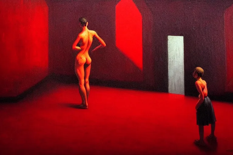 Image similar to only with red, crowd screaming, an exposed painting in a roman theater, in the style of beksinski, parts by edward hopper, parts by rodcenko, parts by yue minjun, intricate and epic composition, red by caravaggio, insanely quality, highly detailed, masterpiece, red light, artstation, 4 k