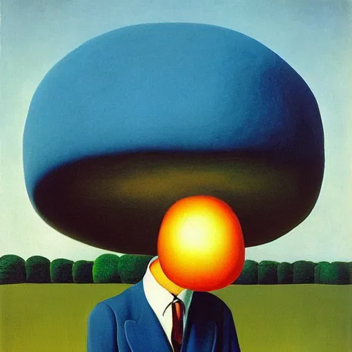 Prompt: surrealist painting of a man with a mushroom for a head, rene magritte, oil on canvas