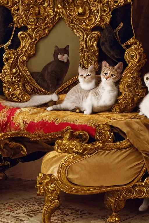 Prompt: a portrait of a royal cat and his family, on an embroidered velvet cushion on a neo - rococo gilded little bed, by yousuf karsh, photorealistic, photography, wide shot