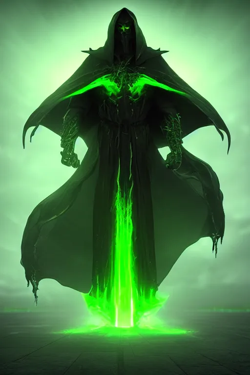 Image similar to character design, dark priest, green lightning, black halo, evil, power, green mist, scary, realistic, 3d, octane render, photorealistic, unreal engine, hellish background