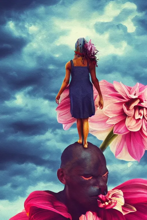 Image similar to closeup giant dahlia flower as head, girl standing on mountain, body of ronnie coleman, surreal photography, blue storm clouds, dramatic light, impressionist painting, digital painting, artstation, simon stalenhag