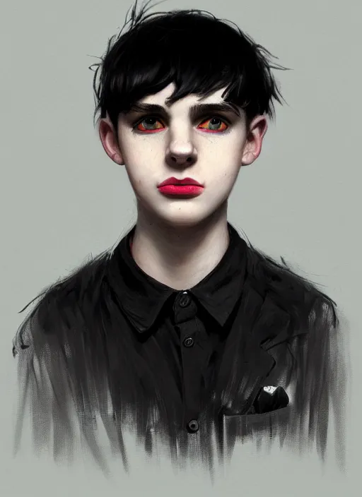 Image similar to portrait of a teen boy with a crooked nose and a confident expression, 1 9 6 0 s, black clothes, goth, punk, brightly coloured hair, funk, intricate, elegant, highly detailed, digital painting, artstation, concept art, smooth, sharp focus, illustration, art by wlop, mars ravelo and greg rutkowski