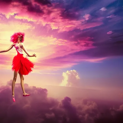 Prompt: a goddess wearing a flamingo skirt, on fire, photoshop, colossal, creative, giant, digital art, city, photo manipulation, clouds, sky view from the airplane window