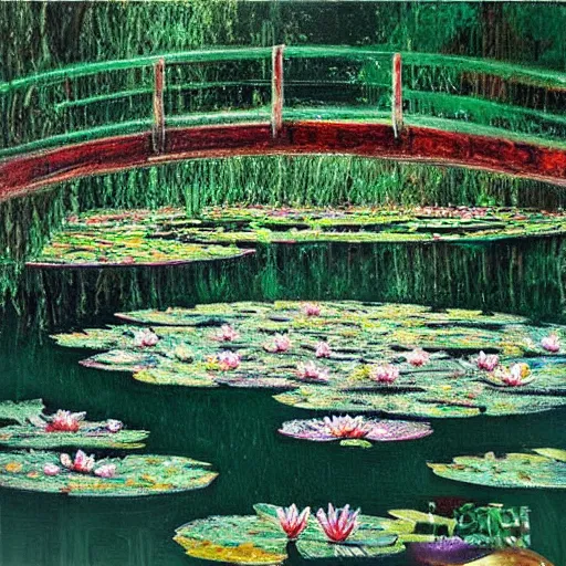 Prompt: a beautiful painting of a waterlily pond by Chiharu Shiota