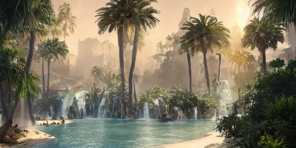 Image similar to beautiful oasis waterfalls surrounded by palm trees, moroccan tile archways, date trees, ivory towers, sun setting, ross tran, nephilim, pyroclastic flow, ethereal, fantasy, james jean, oozium, peter morbacher angelarium alchemy luxury heavenly light soft illumination, trending on artstation, cinematic lighting, digital painting, octane render, artgerm