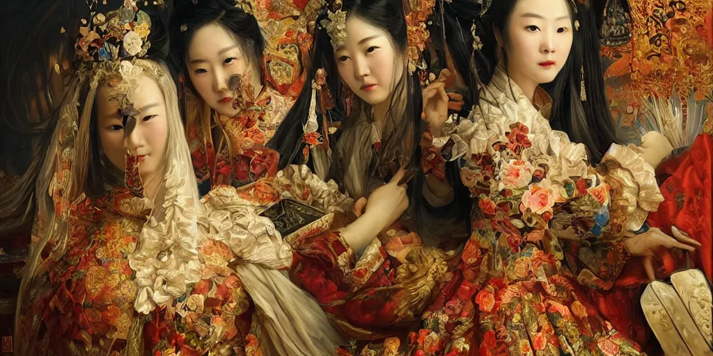 Image similar to Highly detailed and cinematic romantic period oil painting of the Chinese pirate queen Zheng Yi Sao, strong atmosphere, oil painting masterpiece by Josep Tapiró Baró, symmetry, fractals