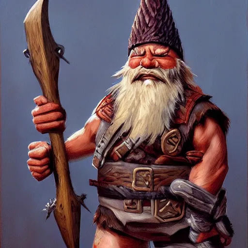 Prompt: a gnome barbarian with a brown beard and a battle axe, by Gerald Brom, realistic, detailed, trending on art station