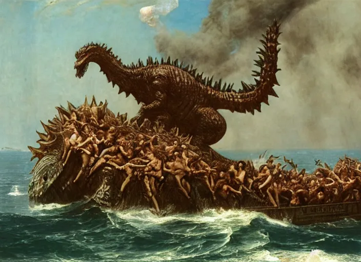 Prompt: godzilla attacking the raft of the medusa, painting by lawrance alma - tadema, by roger corman, 4 k, hyper - realistic, highly detailed