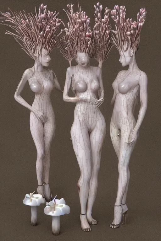 Prompt: ultra realistic 3 d render of porcelain women infected with cordyceps fungus, mushrooms, floral, beautiful, elegant