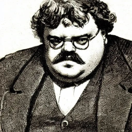 Prompt: illustration of gk chesterton with big muscles and a shotgun