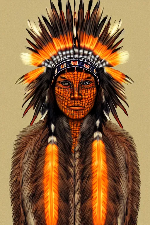 Image similar to a native american with orange glowing eyes, made out of corn, highly detailed, digital art, sharp focus, trending on art station, american indian headdress, anime art style