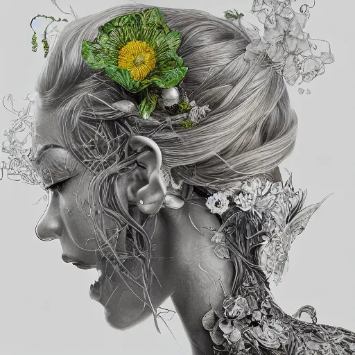 Image similar to the portrait of an absurdly beautiful, graceful, elegant, young woman made of fruits and green petals, an ultrafine hyperdetailed illustration by kim jung gi, irakli nadar, intricate linework, bright colors, octopath traveler, final fantasy, angular, unreal engine 5 highly rendered, global illumination, radiant light, detailed and intricate environment