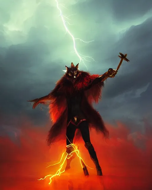 Prompt: oil painting of Anthropomorphized Wolf Shaman holding long magical lightning staff, wearing red fur cloak, sharp focus, lightning storm background, magical aura, heroic pose, fantasy style, octane render, volumetric lighting, 8k high definition, by greg rutkowski, highly detailed, trending on art Station, magic the gathering artwork, Lightning storm background, centered, dramatic artwork